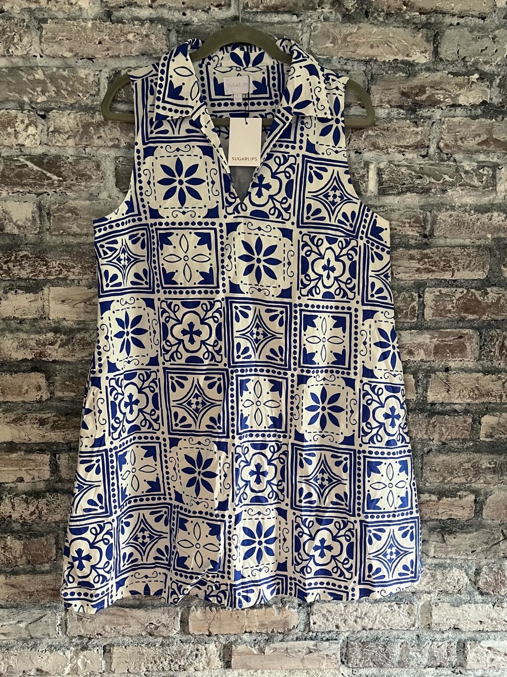 Sugarlips White Dress with Cobalt Blue Tile Motif, collar and deep front pockets